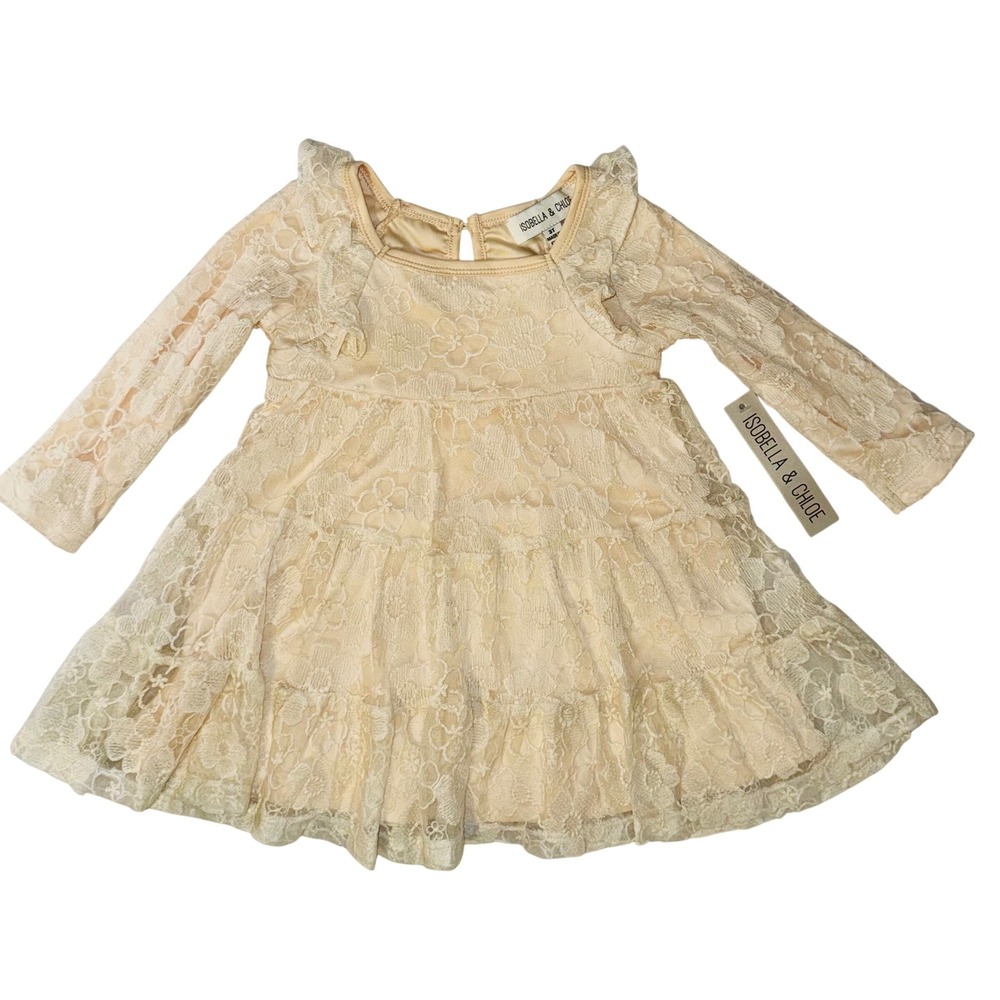 Isobella & Chloe Girls‎ 3T Cream Floral Lace Tiered Ruffle Long Sleeve Dress NEW